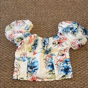 Abercrombie & Fitch Cream and Blue Puff Sleeve Crop Blouse